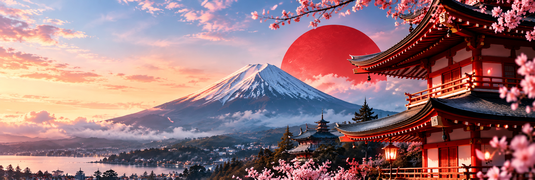 Japanese landscape with Mount Fuji and temple